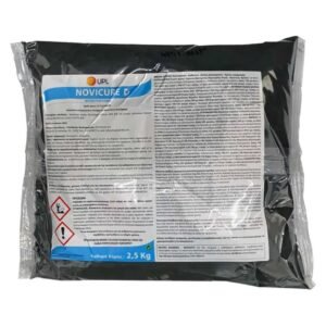 black sealed plastic bag with a large white label product name novicure blue bar hazard pictograms and text blocks visible weight 25 kg indicated at bottom left