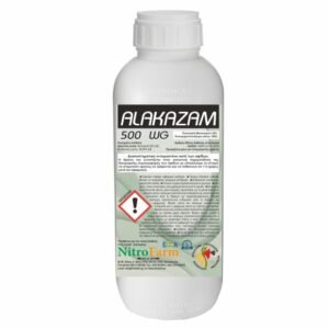 White pesticide bottle labeled Alakazam 500 WG with warning symbol and Nitro Farm branding on the label.