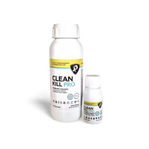 two white pesticide bottles labeled clean kill pro with yellow and blue stripes on a white background large and small bottle