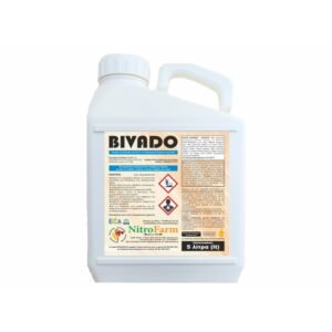 white 5 liter plastic bottle with a handle labeled nitrofarm with hazard symbols on the front label