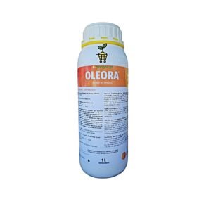 White plastic bottle labeled 'OLEORA' orange oil, 1 L, with Greek text on the label